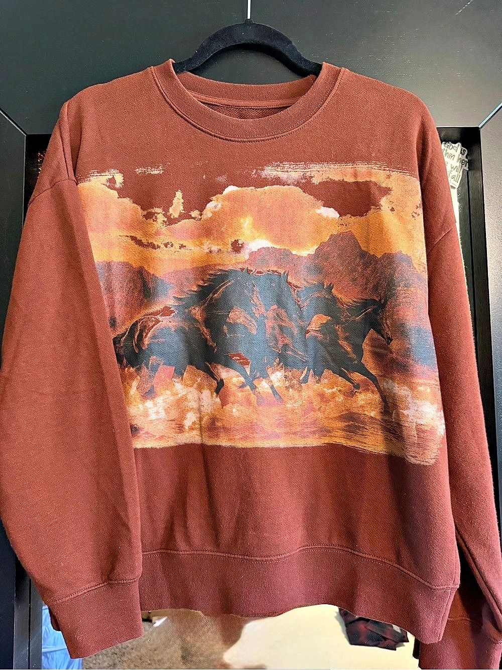 Daydreamer Running Horses Oversized Crewneck Brown Sweatshirt